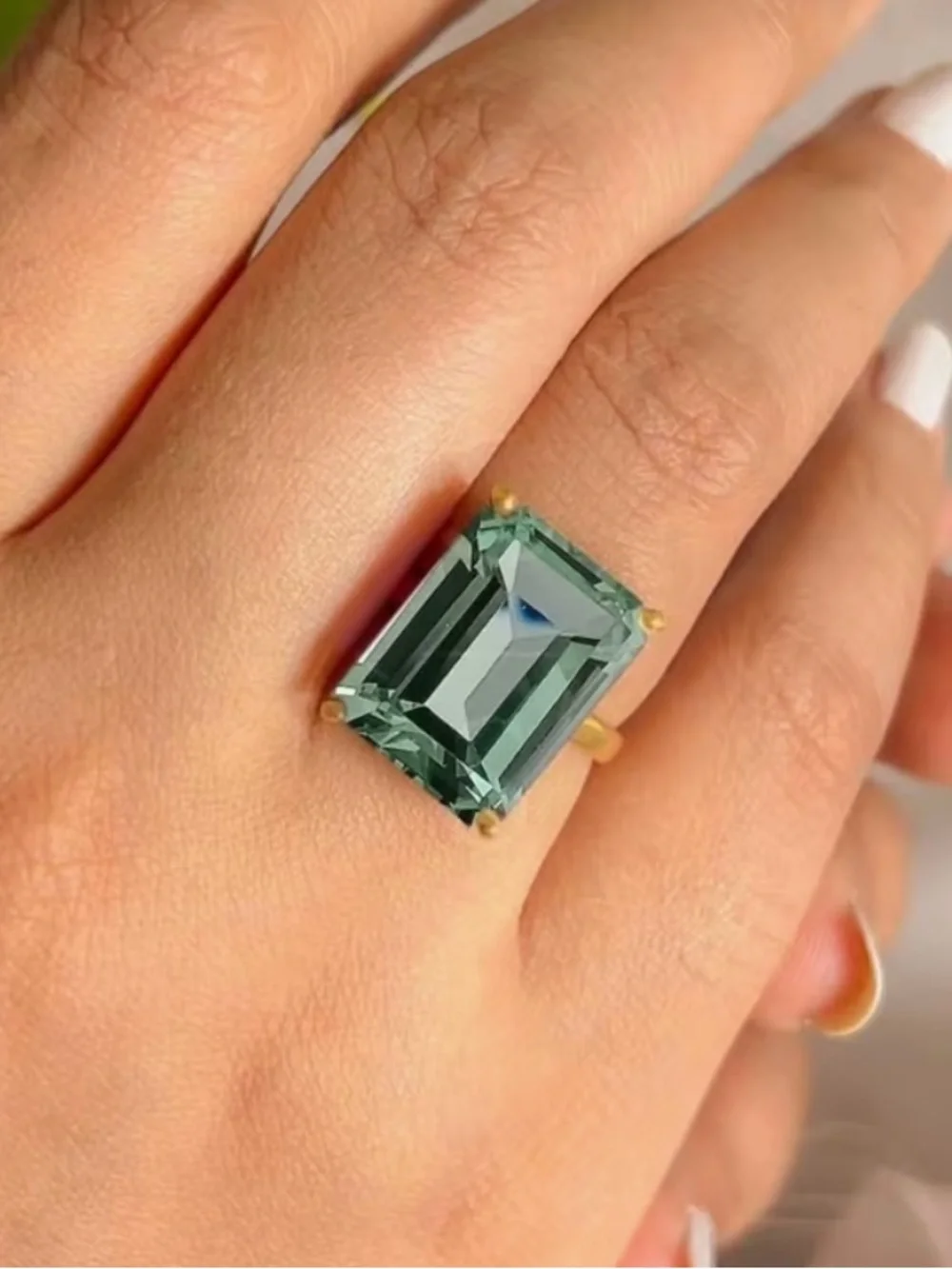 ❇️ NEW Jade Green Emerald-Cut Crystal Stone Gold Ring ❇️